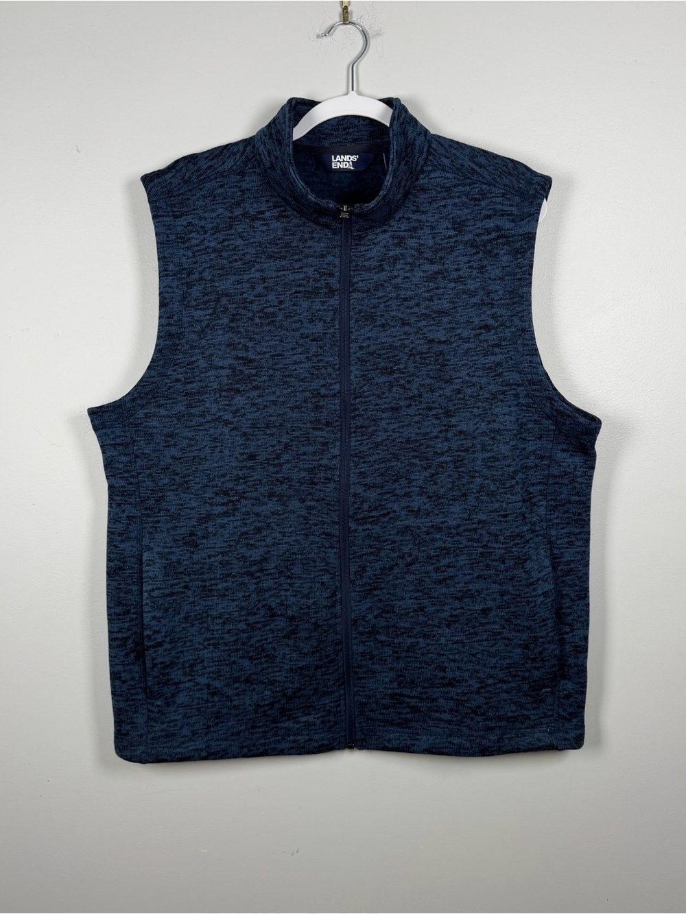 Lands End Men’s Large Blue Black Full Zip Up Sweater Fleece Vest Gorpcore Preppy